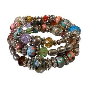 Vintage Premier Design Boho Beaded Wrap Bracelet Womens Multicolor Silver Tone